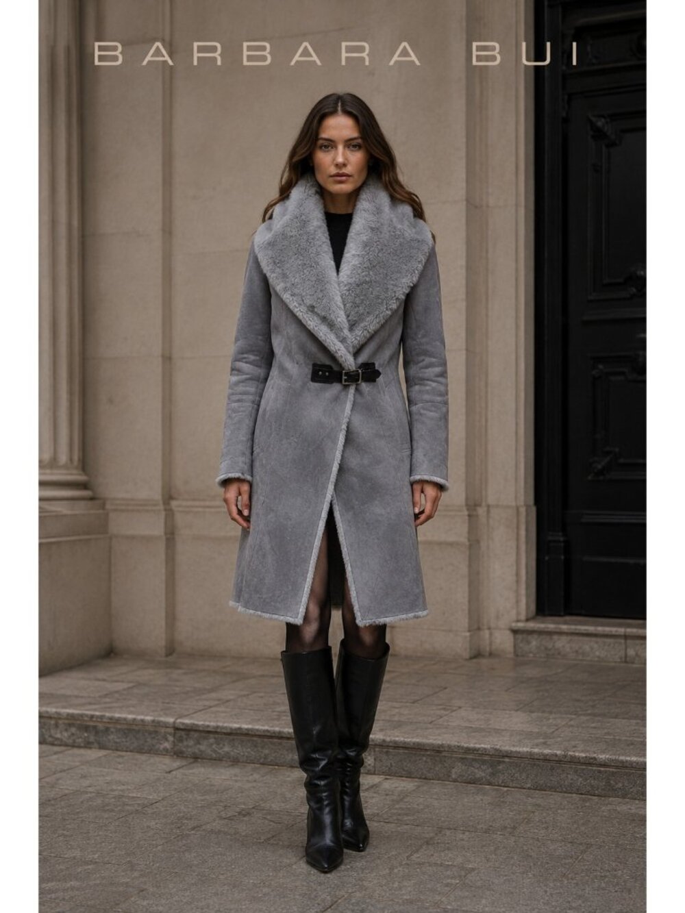 Barbara Bui Gray Genuine Lamb Shearling Suede Long Coat T1 US 4 S